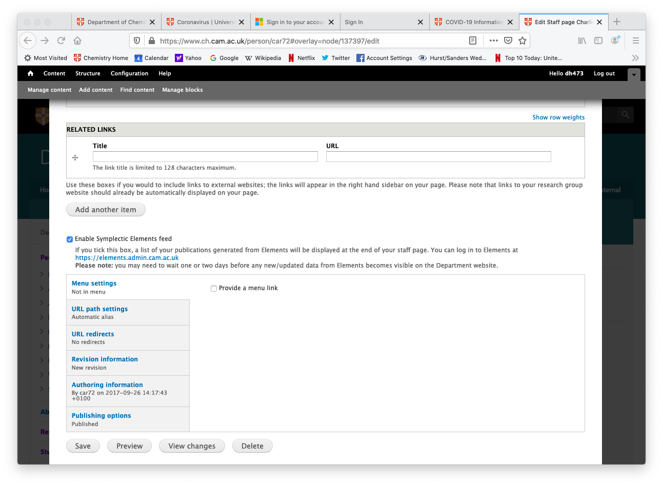 Screenshot showing how to enable Symplectic on your department web profile